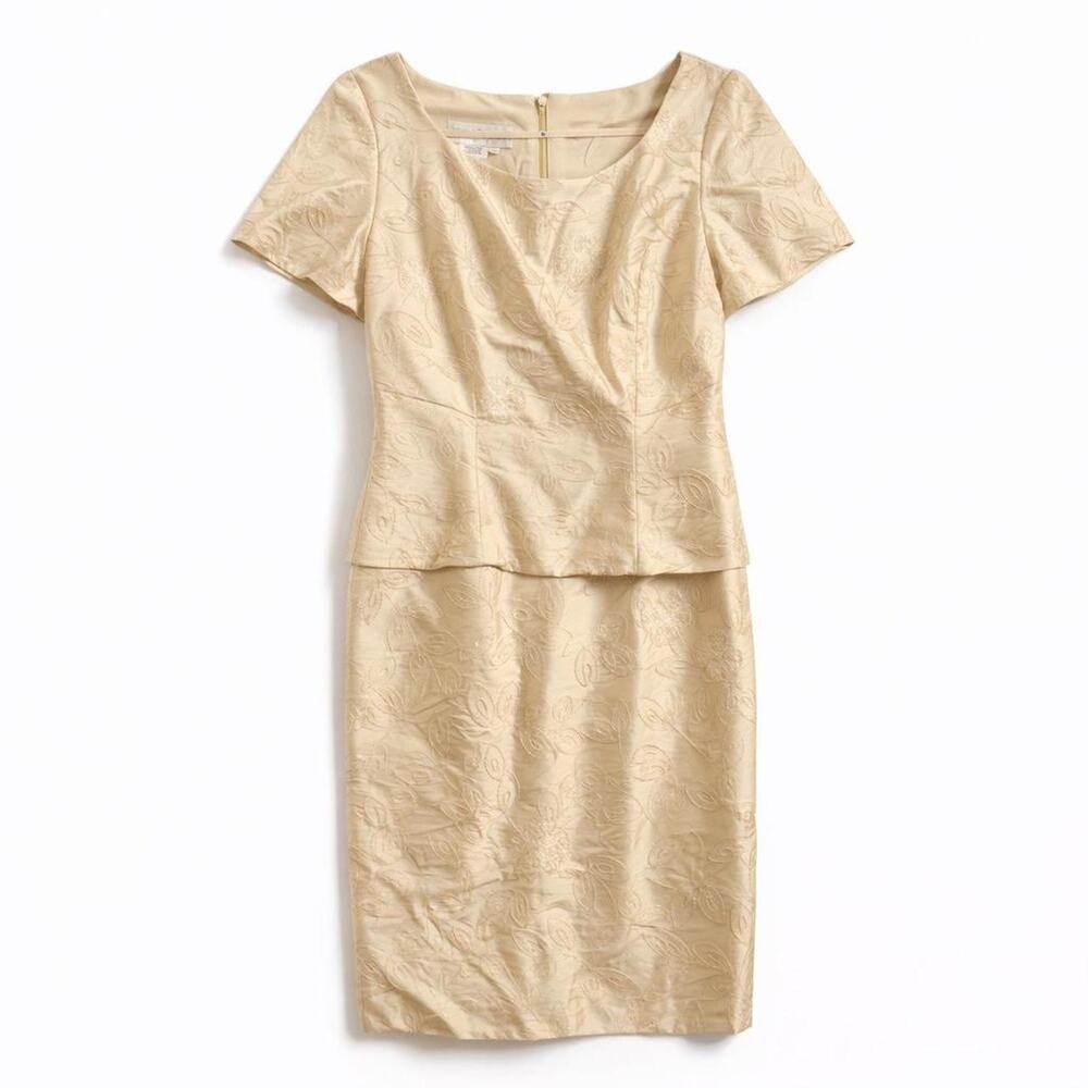 Vintage 80s Maggy London Ivory Peplum‎ White Dress Floral Brocade Bridal Cottage